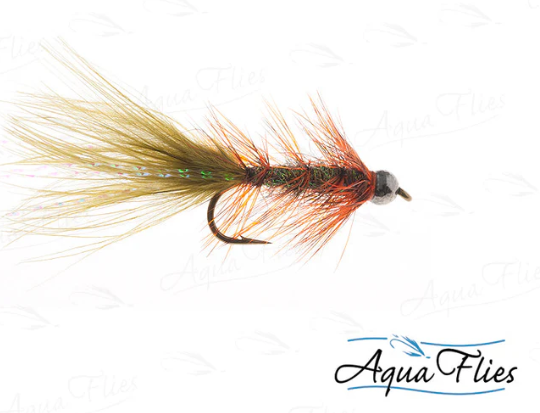 AQUA FLIES TUNGSTEN STILLWATER ICE LEECH  BURNT ORANGE/PEACOCK